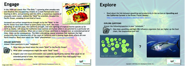 The Engage (slide #4) and Explore (#9) slides from the OTCE module, "What is UP with the California Coast?"
